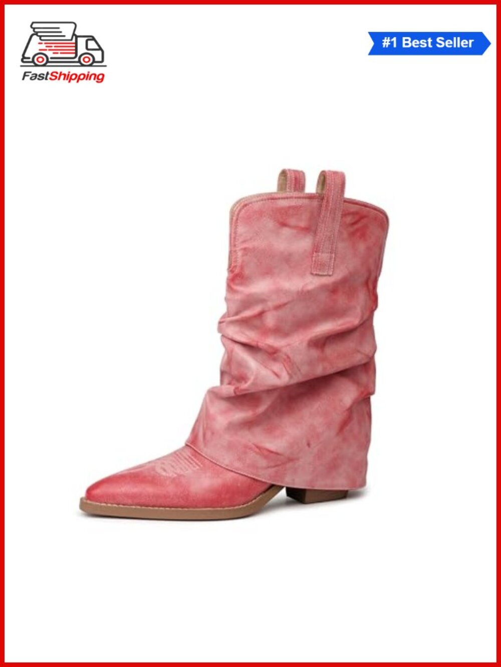 ✨ feetquake Womens Cowboy Boots Faux Leather Pointed Toe Slouchy Pull On Mid
